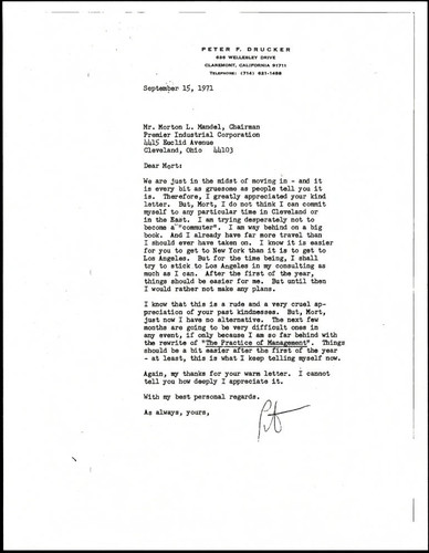 Letter to Morton L. Mandel from Peter F. Drucker