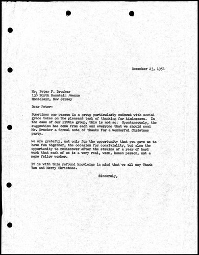 Correspondence to Peter F. Drucker, 1954-12-23