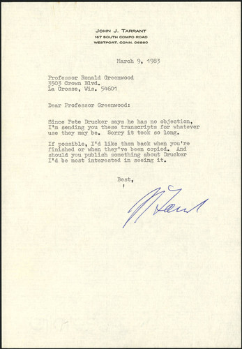 Correspondence from John J. Tarrant to Ronald G. Greenwood, 1983-03-09