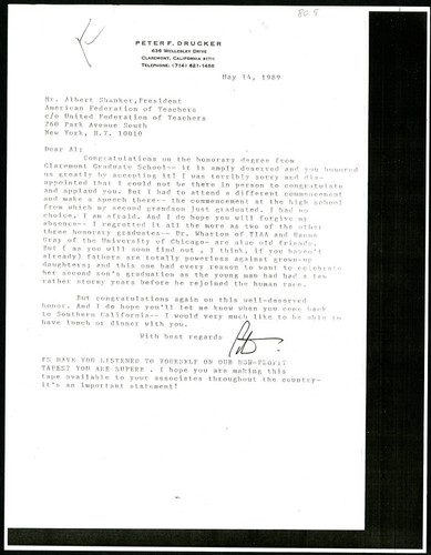 Letter of correspondence from Peter F. Drucker to Albert Shanker