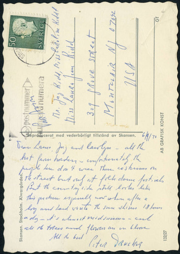 Postcard from Peter Drucker to Mr. Jay Kidd, Miss Carolyn Kidd, and Miss Laura Jean Kidd, 1970-06-09