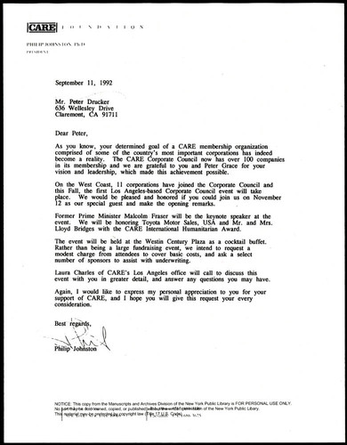 Correspondence to Peter F. Drucker from Philip Johnston