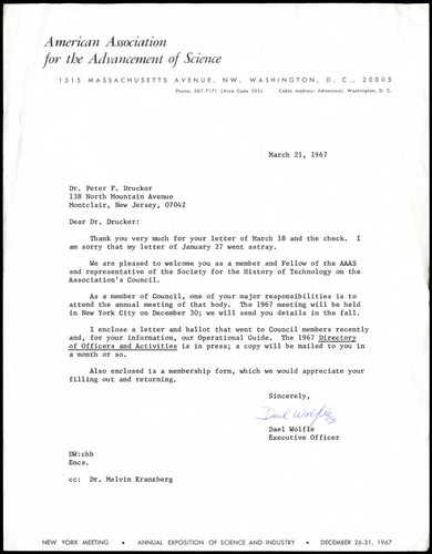 Correspondence from Dael Wolfle to Peter Drucker, 1967-03-21