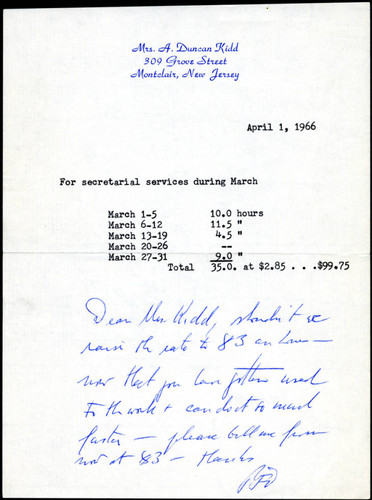 Correspondence from Mrs. A. Duncan Kidd, 1966-04-01