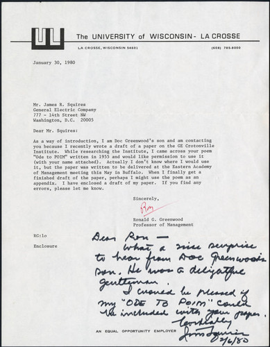 Correspondence from Ronald G. Greenwood to James R. Squires, 1980-01-30