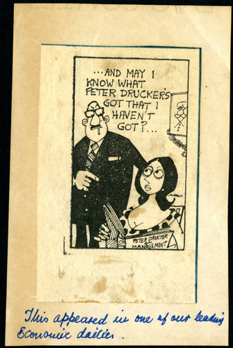 Newspaper cartoon featuring Peter F. Drucker