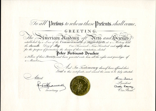 AAAS official certificate of Peter F. Drucker's Fellow election