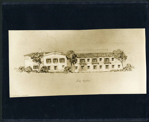 Illustration of Scripps College library by B. Kaufmann