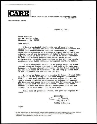 Letter from Philip Johnston to Peter F. Drucker