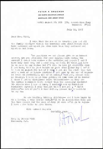 Correspondence from Peter Drucker to Mrs. Kidd, 1967-07-16