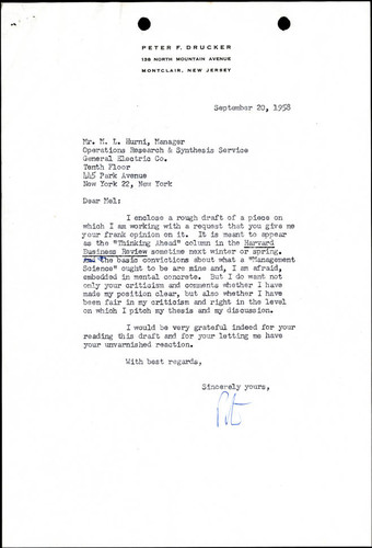 Correspondence from Peter F. Drucker to Melvin L. Hurni, 1958-09-20