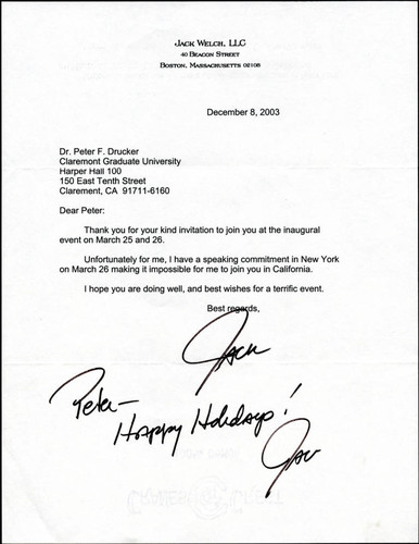 Correspondence from Jack Welch to Peter Drucker, 2003-12-08