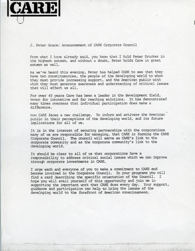 Announcement of CARE (Cooperative for Assistance and Relief Everywhere) Corporate Council, 1988-04-05
