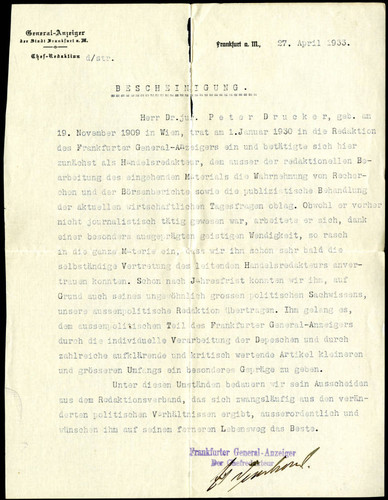 Correspondence from the General-Anzeiger of Frankfurt to Peter Drucker, 1933-04-27