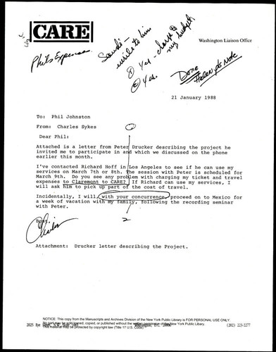 Correspondence from Phil Johnston to Charles Sykes re Drucker project