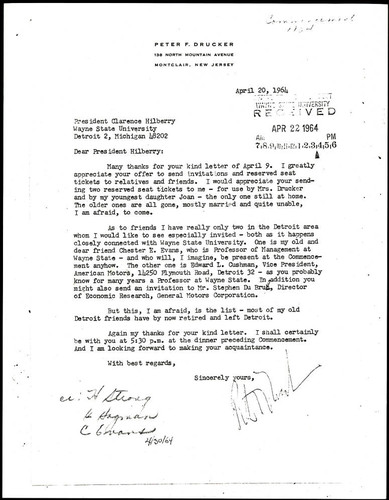 Letter from Peter F. Drucker to President Clarence Hilberry