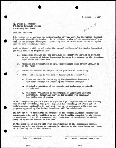 Work agreement between Peter F. Drucker and the General Electric Company, 1954-12