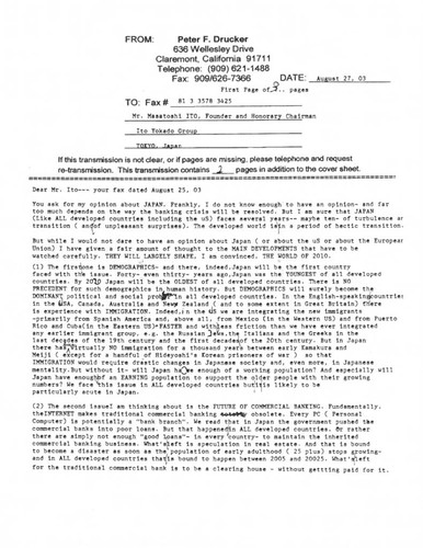 Letter of correspondence from Peter F. Drucker to Masatoshi Itō