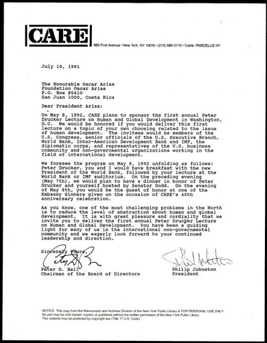 Correspondence from Phil Johnston to Oscar Arias regarding Drucker seminar