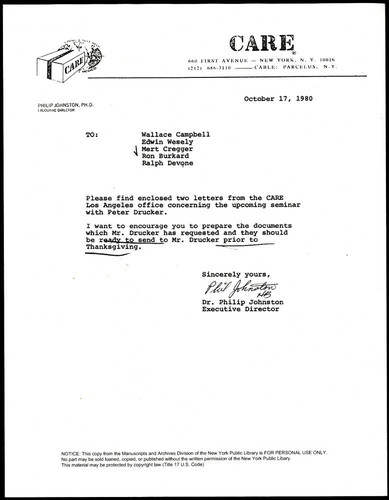 Letter of correspondence from Dr. Philip Johnston to Wallace Campbell et al