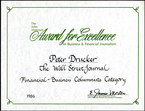 John Hancock award presented to Peter F. Drucker