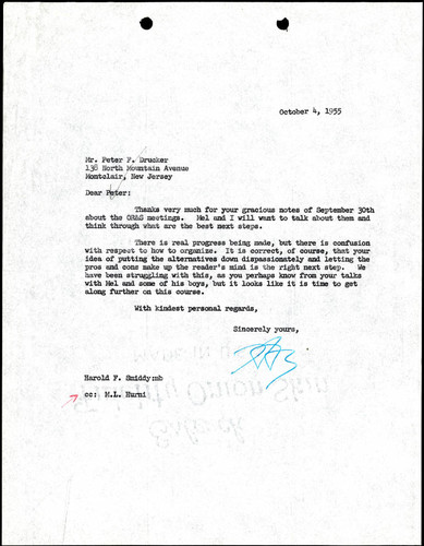 Correspondence from Harold F. Smiddy to Peter F. Drucker, 1955-10-04