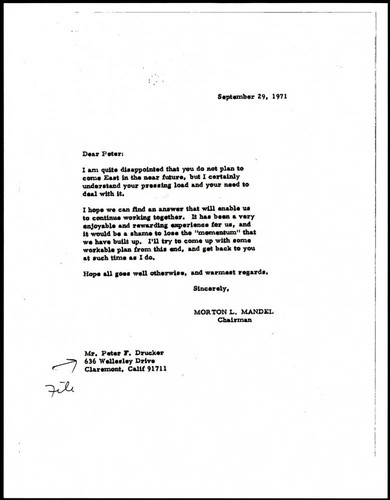 Letter of correspondence from Morton L. Mandel to Peter F. Drucker about meeting