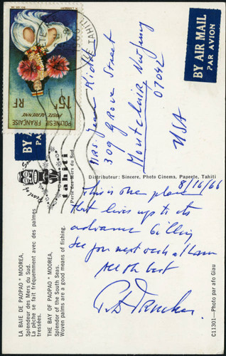 Postcard from Peter Drucker to Mrs. Jean Kidd, 1966-08-16