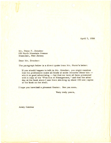 Correspondence from Arety Cotzias to Peter F. Drucker, 1958-04-07