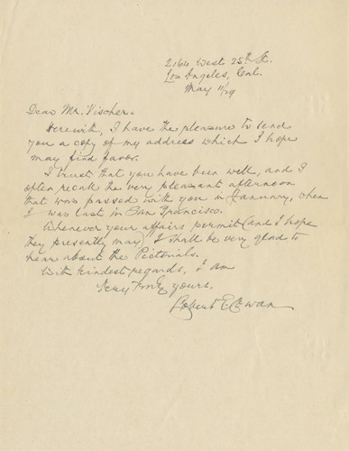 Letter to Edward Vischer from Robert E. Cowan