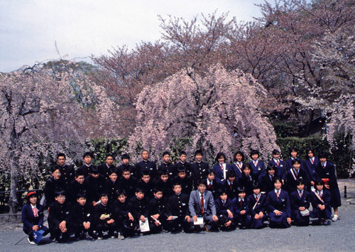 Classroom of students under weeping peach trees