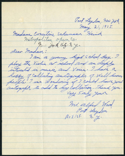 Alfred Ward letter to Schumann-Heink, 1935 May 21