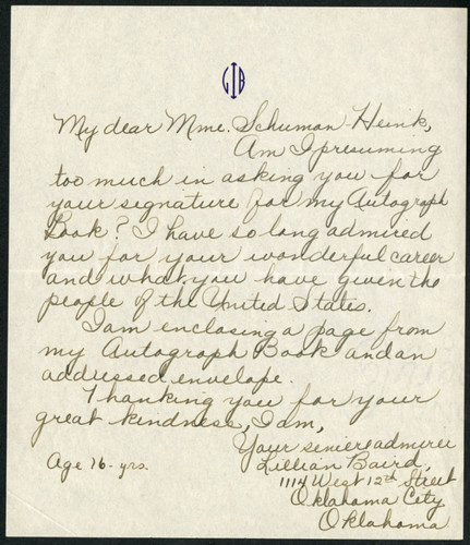 Lillian Baeird letter to Schumann-Heink