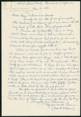 Mabel Miller Freeman letter to Schumann-Heink, 1931 December 07