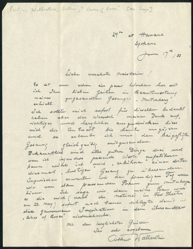 Arthur Wallerstein letter to Schumann-Heink, 1933