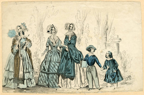 Three women and two children, circa 1830-1840s