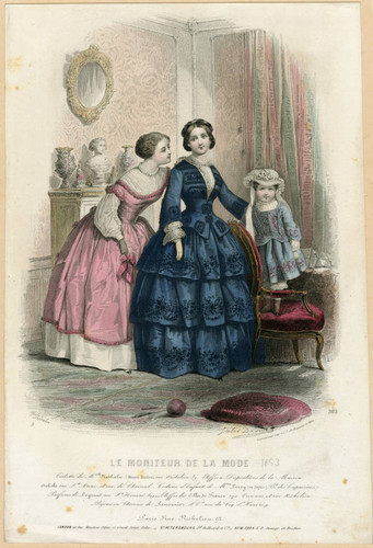 Two women and a child in a parlor, France 1853