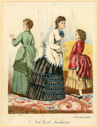 Two women and a girl in New York fashions, Autumn 1872