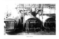 Cannery worker inspecting battery of retorts