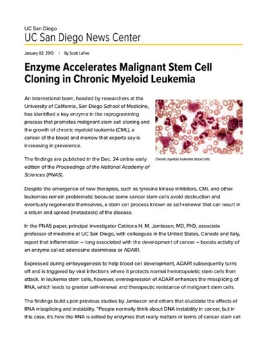 Enzyme Accelerates Malignant Stem Cell Cloning in Chronic Myeloid Leukemia