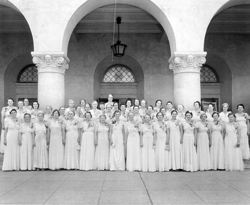 Group portrait of women outside San Jose Civic Auditorium