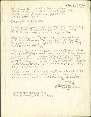 Charles Protzman letter to Mr. Isamu Sakamoto, 1982-11-08