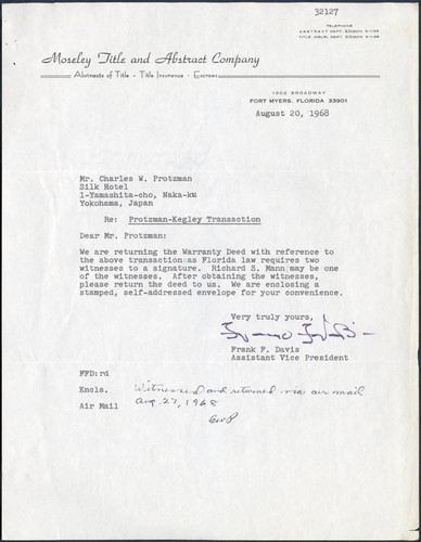 Frank F. Davis letter to Charles W. Protzman, Sr., 1968-08-20