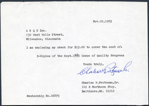 Charles W. Protzman, Sr. note to ASQC Inc., 1985-11-29 — Calisphere