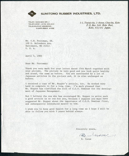 B. Inoue letter to Mr. C. W. Protzman, 1983-04-05