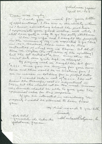 Charles W. Protzman, Sr. letter to Mrs. Kegley, 1968-04-30