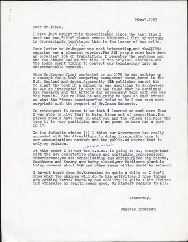 Charles Protzman letter to Mr. Inoue, 1983-11-07