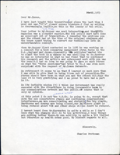 Charles Protzman letter to Mr. Inoue, 1983-11-07 — Calisphere