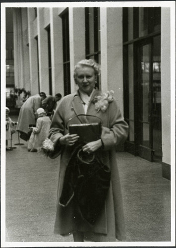 Mrs. Protzman holding her handbag