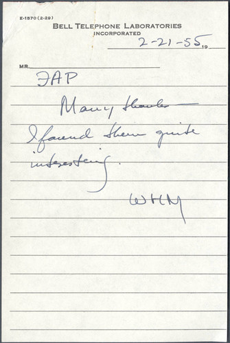 Note from WHM to FAP, 1955-02-21